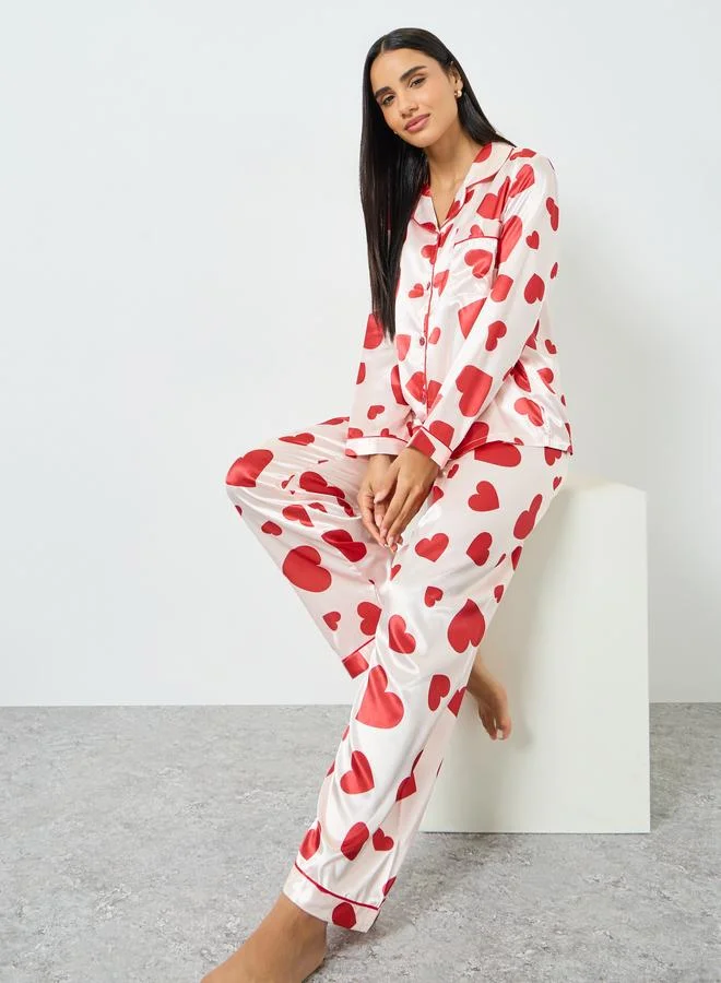Take Two Light Pink Heart Print Shirt and Pyjama Set