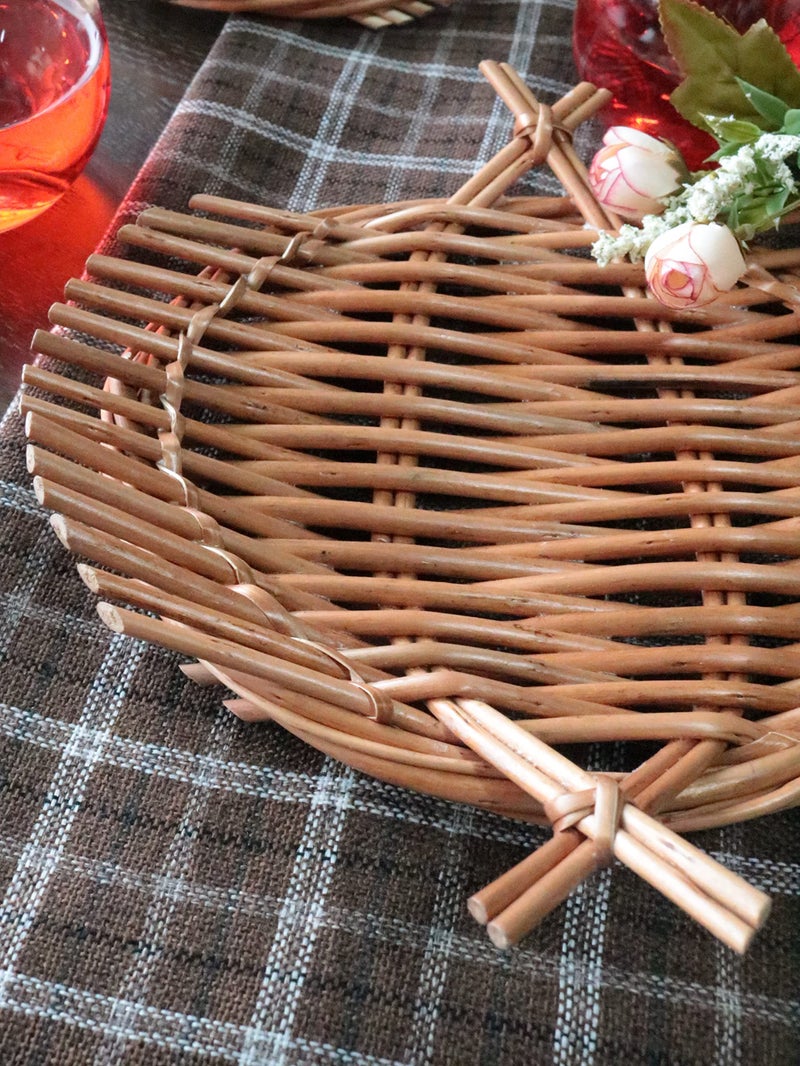 Kadam Haat Handmade Wicker Appetizer Tray | Kitchen Counter Top Storage Tray, Decorative Tray | Home and Restaurants for Serving Snacks & Breads (Brown Round) - Image 1