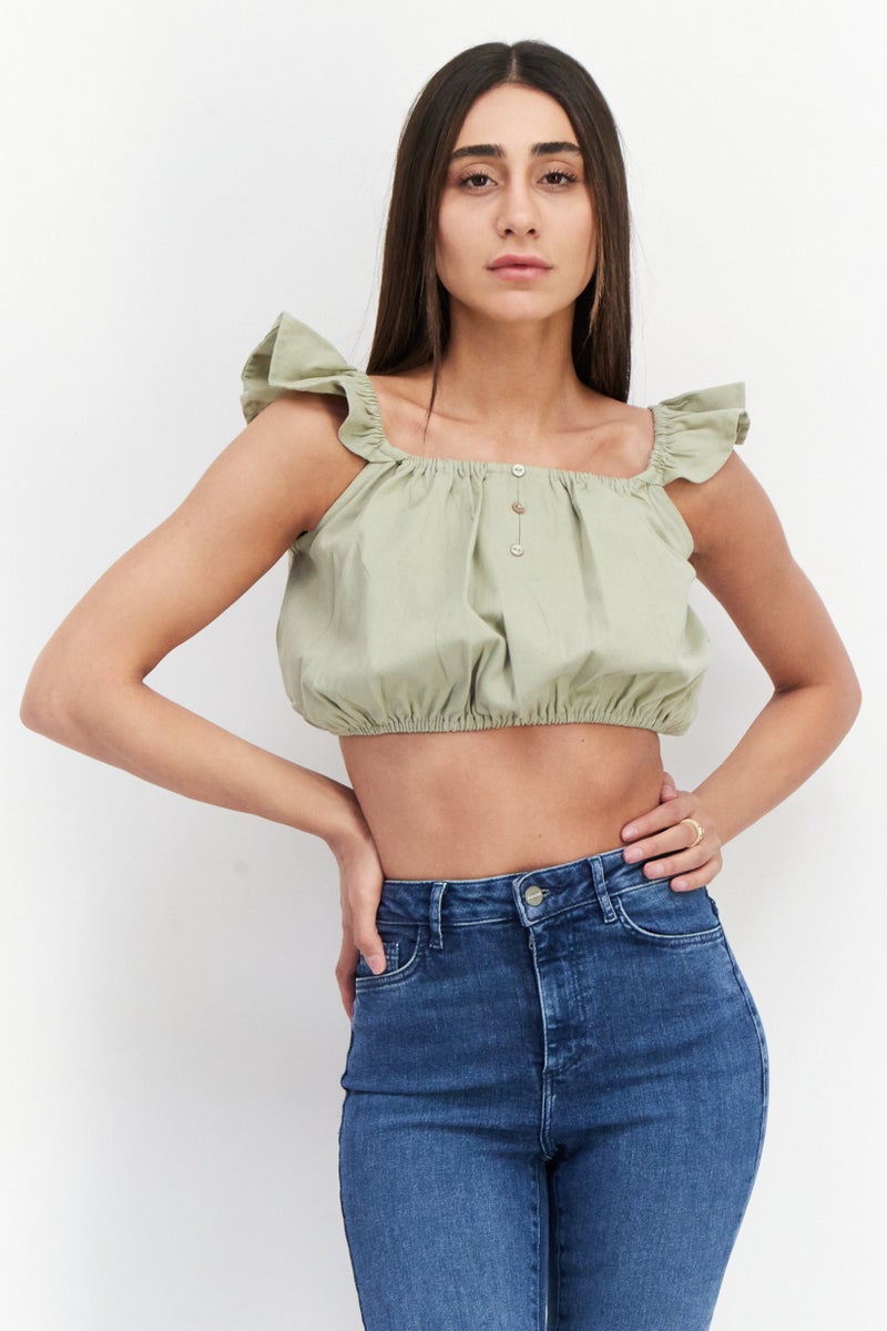 Missguided Women Petite Square Neck Flutter Sleeve Crop Top, Khaki - Image 1