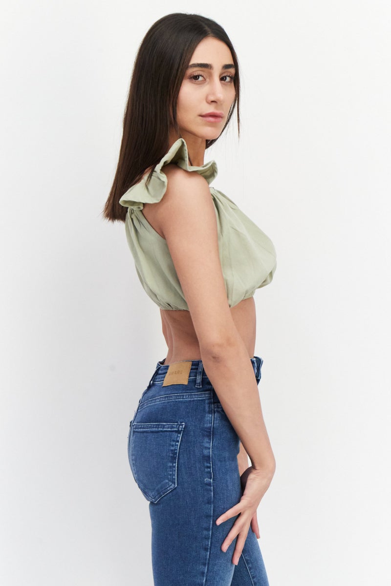 Missguided Women Petite Square Neck Flutter Sleeve Crop Top, Khaki - Image 3
