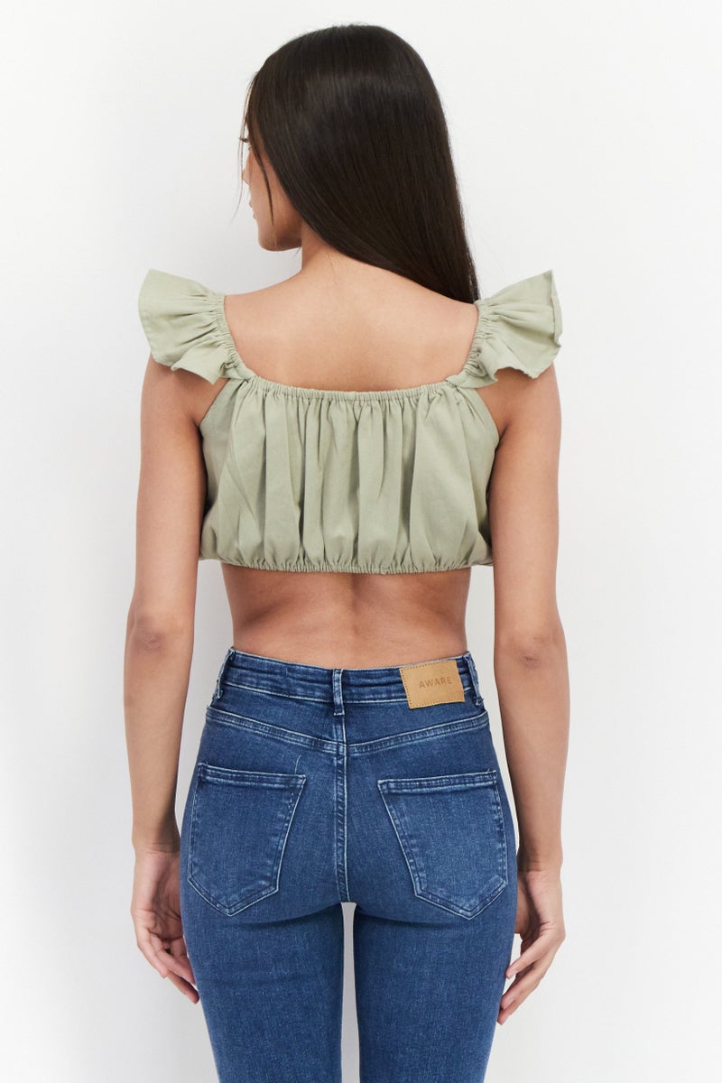 Missguided Women Petite Square Neck Flutter Sleeve Crop Top, Khaki - Image 2