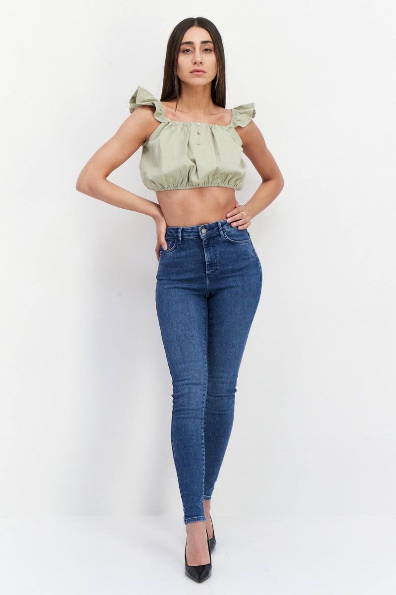 Missguided Women Petite Square Neck Flutter Sleeve Crop Top, Khaki - Image 4