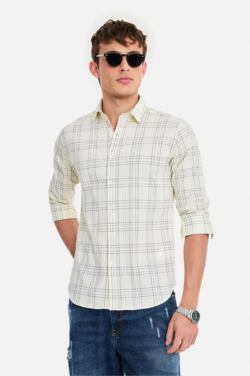 SNITCH Cream Checkered Long Sleeve Slim Fit Shirt