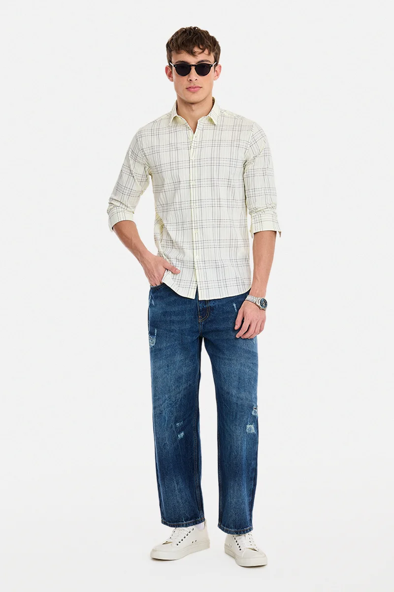 SNITCH Cream Checkered Long Sleeve Slim Fit Shirt
