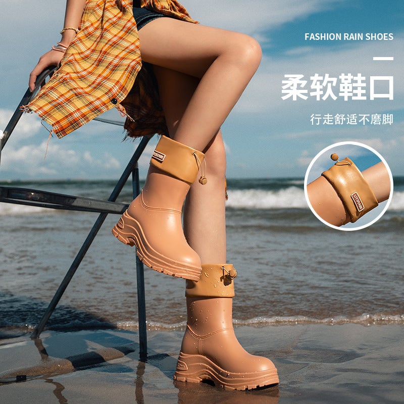 High-Grade Rain Boots Ladies New Fashion Rainproof Waterproof Shoes Short Mid-Tube Non-Slip Rain Boots Bunted Water Boots Work Rubber Shoes - Image 4
