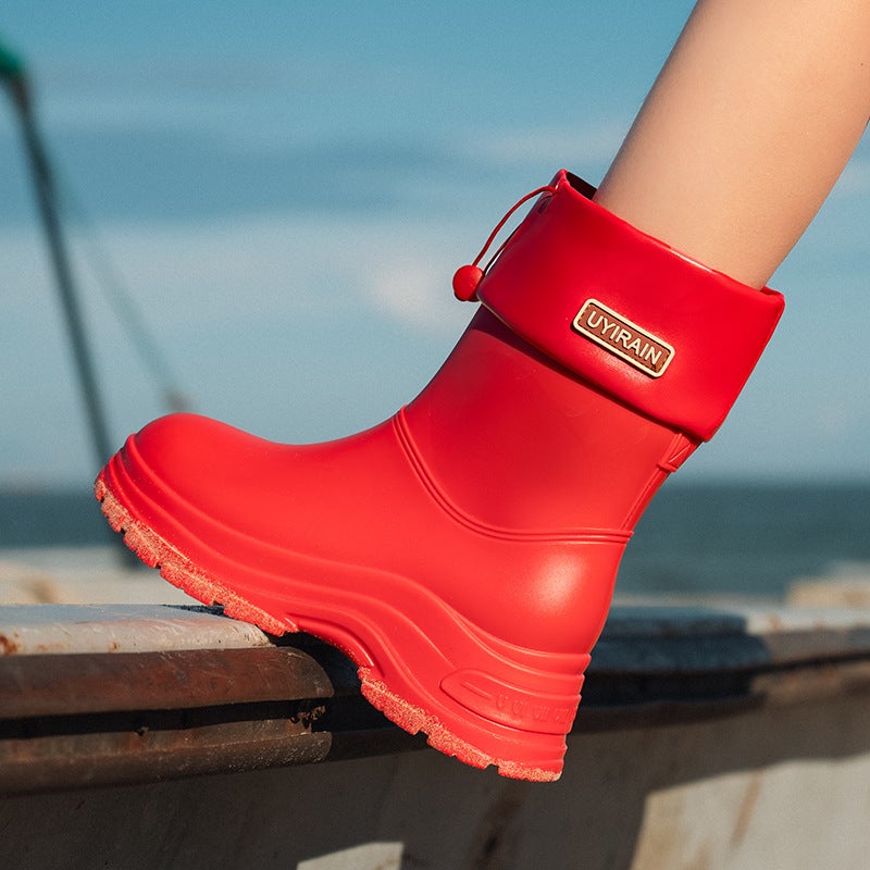 High-Grade Rain Boots Ladies New Fashion Rainproof Waterproof Shoes Short Mid-Tube Non-Slip Rain Boots Bunted Water Boots Work Rubber Shoes - Image 5