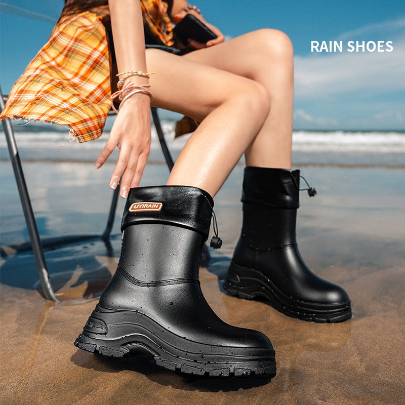 High-Grade Rain Boots Ladies New Fashion Rainproof Waterproof Shoes Short Mid-Tube Non-Slip Rain Boots Bunted Water Boots Work Rubber Shoes - Image 2
