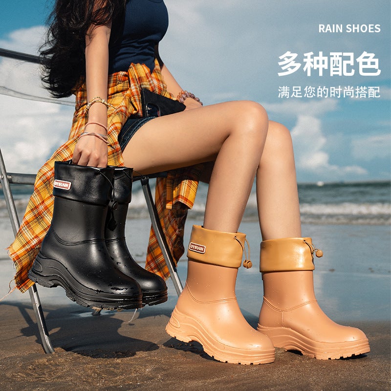 High-Grade Rain Boots Ladies New Fashion Rainproof Waterproof Shoes Short Mid-Tube Non-Slip Rain Boots Bunted Water Boots Work Rubber Shoes - Image 3