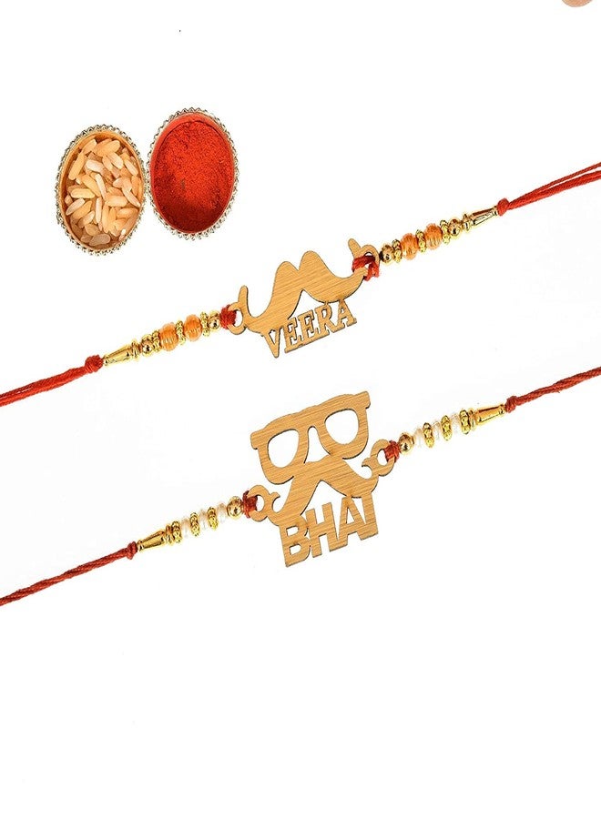 PrideKraft Designer Beautiful Traditional Veera & Bhai Rakhi Set In Combo Pack| Roli Tilak & Rice Pack - Image 1