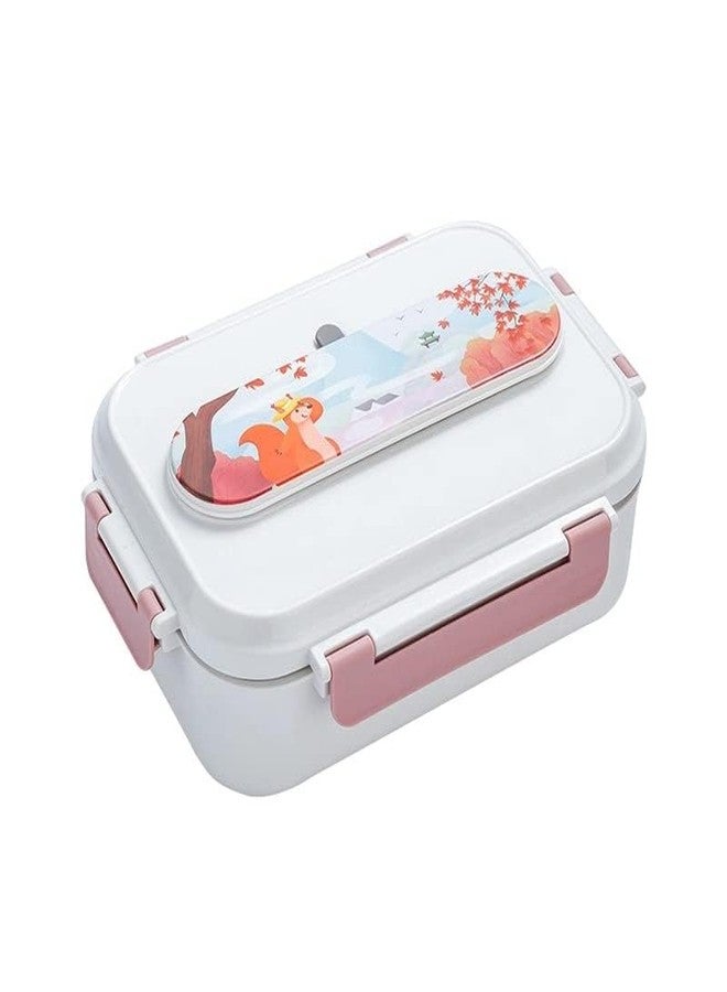 KAPO Stainless Steel Cartoon Printed Kids Insulated Lunch Box with Cutlery Storage Box with Spoon and Chopsticks 1250 ML for Kids - White Colour - Image 1