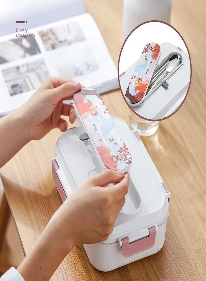 KAPO Stainless Steel Cartoon Printed Kids Insulated Lunch Box with Cutlery Storage Box with Spoon and Chopsticks 1250 ML for Kids - White Colour - Image 2