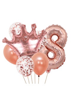 Party 8-piece set for 8th birthday party anniversary decoration party supplies including rose gold number 8 balloons, rose gold crown foil balloon set, 12-inch sequin balloons, 12-inch rose gold balloons 