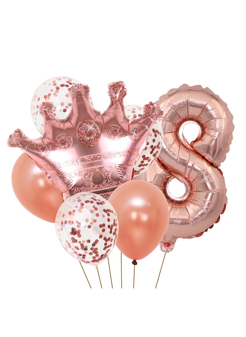 Party 8-piece set for 8th birthday party anniversary decoration party supplies including rose gold number 8 balloons, rose gold crown foil balloon set, 12-inch sequin balloons, 12-inch rose gold balloons 