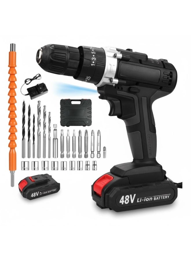 حقيبة بلاستيكية تحتوي على مجموعة طقم مثقاب اسود لا سلكي محمول مزود بمقبض مريح وناعمب يعمل بطارية ليثيوم أيون 48 فولت و محول شاحن بطارية ويأتي معه مجموعة شاملة من الملحقات عدد 24 قطعة متنوعة من ريش المثقاب ورؤوس المفكات و عمود مرن لون برتقالي للمناطق صعبة الوصول ايضا قابلية تغير سرعة دوران في المثقاب المرتفع يصل سرعة 1500 دورة في الدقيقة و المنخفض يصل الى 450 دورة في الدقيقة صوته منخفض و يحتوي على مصباح و إضاءة LED مدمجة لتحسين الرؤية في الأماكن المظلمة و رأس المثقاب لا يحتاج الي مفتاح خاص لتثبيت الريشة فقط لف يدوي هذه المثاقب مصمم للأعمال المنزلية والمشاريع التي تتطلب قابلية النقل مفيد في المنزل او فني الكهربائي او النجار وغيرها من الاعمال صغير و خفيف الوزن و منظم في حقيبة تخزين لسهولة الحمل والتنظيم ممكن ان تكون هدية مثالية لزوجك او لوالدك او لمن تحب - Image 1