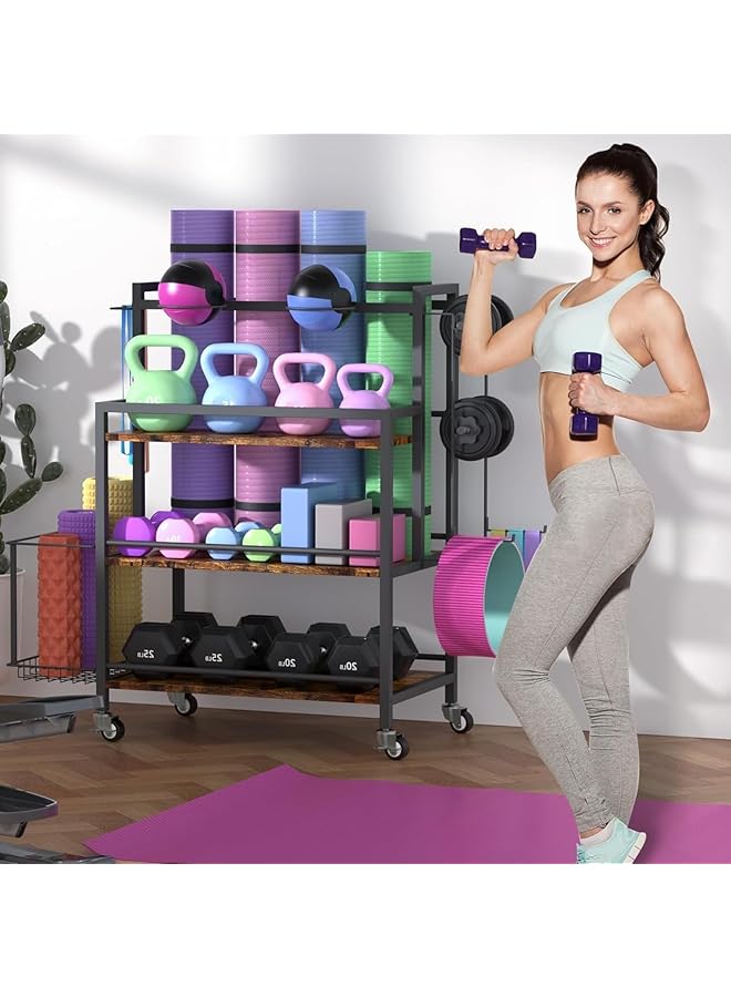 NOAEOU 40D x 70W x 93H cm Strength Training Dumbbell Storage Racks for Home Gym with Hooks and Wheels Large Capacity Organizer for Exercise & Fitness Equipment - Image 2