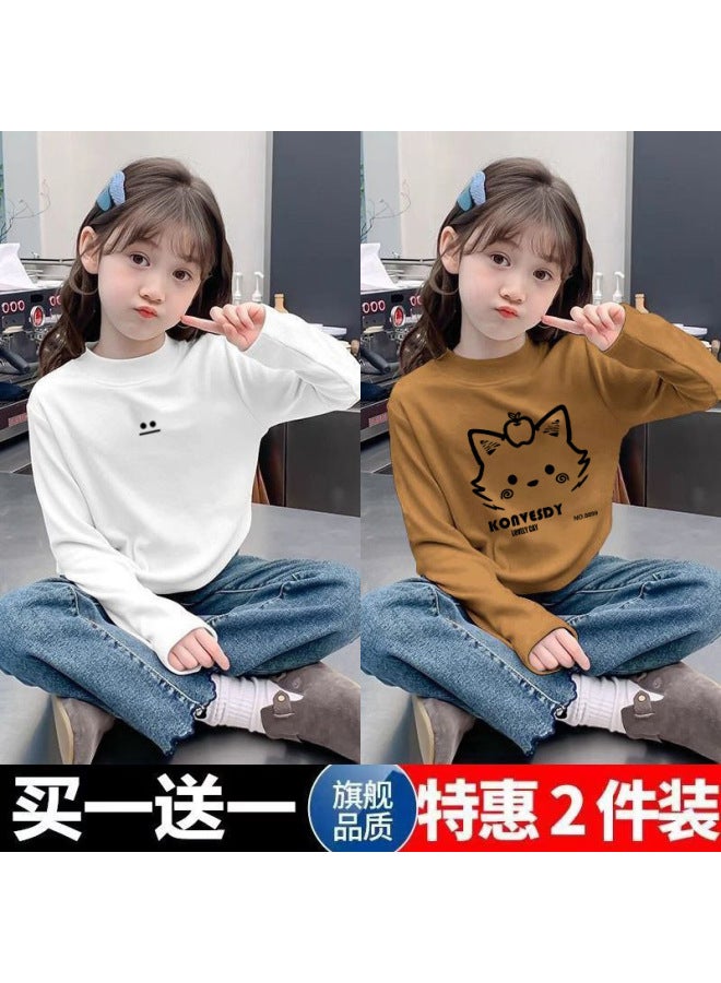 Girls' Double-sided Velvet Long-sleeved T-shirt New Medium And Large Children's Outer Wear Pullover Half Turtleneck Warm Base Layer Shirt