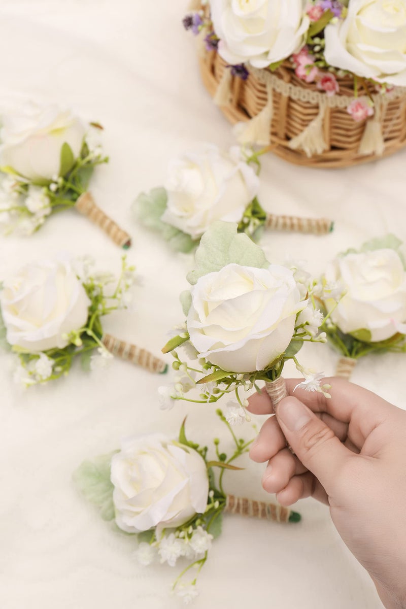 YSUCAU White Rose Boutonnieres for Men Wedding Baby's Breath Boutonniere for Best Men Groom Groomsmen Wedding Prom Set of 6 (6 White Boutonnieres) - Image 2