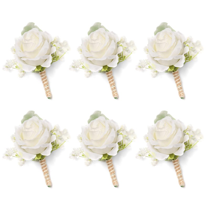YSUCAU White Rose Boutonnieres for Men Wedding Baby's Breath Boutonniere for Best Men Groom Groomsmen Wedding Prom Set of 6 (6 White Boutonnieres) - Image 1