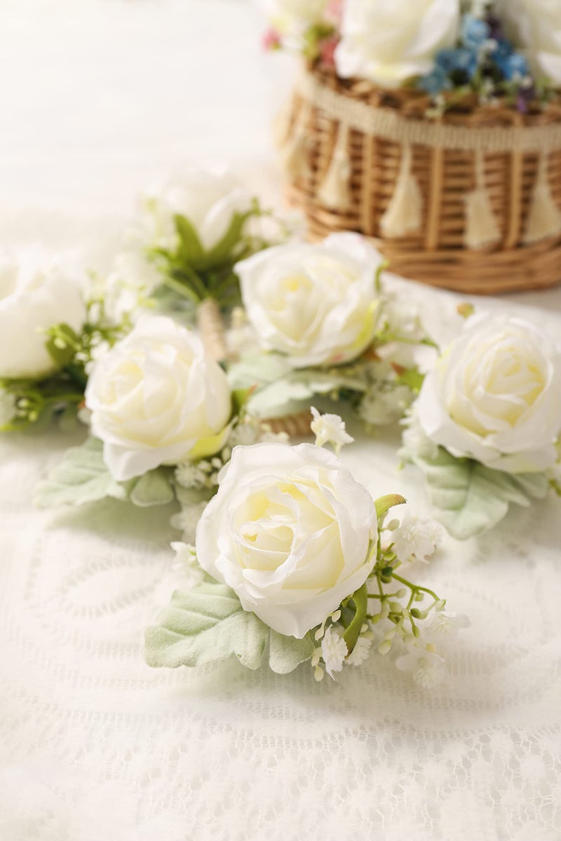 YSUCAU White Rose Boutonnieres for Men Wedding Baby's Breath Boutonniere for Best Men Groom Groomsmen Wedding Prom Set of 6 (6 White Boutonnieres) - Image 3