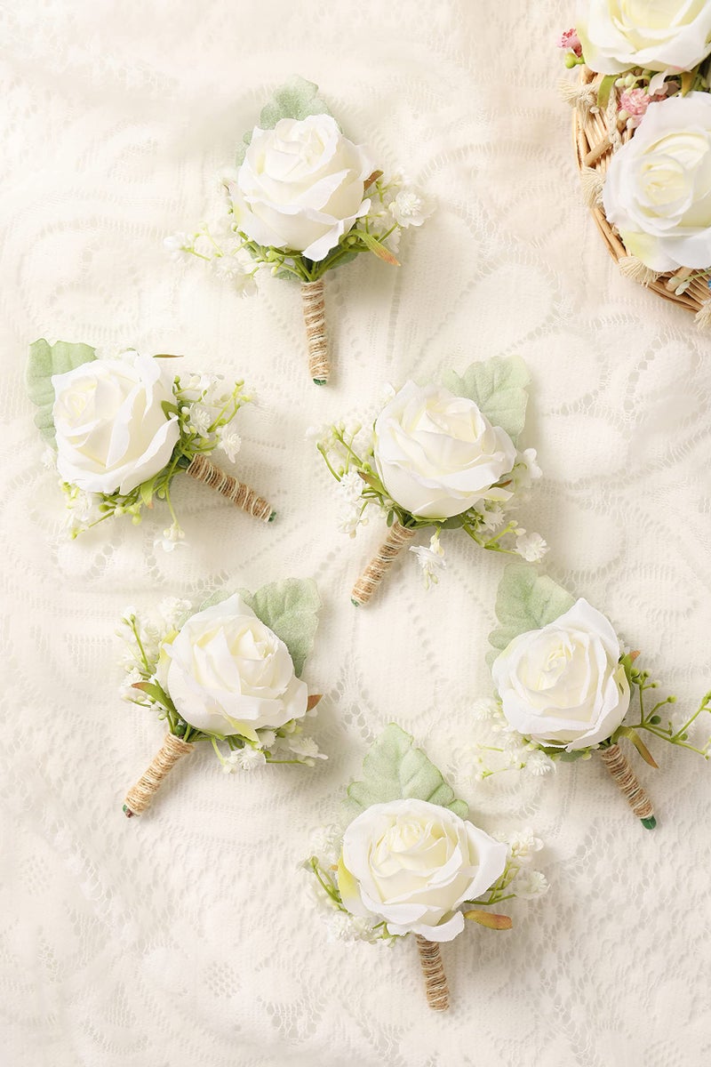 YSUCAU White Rose Boutonnieres for Men Wedding Baby's Breath Boutonniere for Best Men Groom Groomsmen Wedding Prom Set of 6 (6 White Boutonnieres) - Image 4