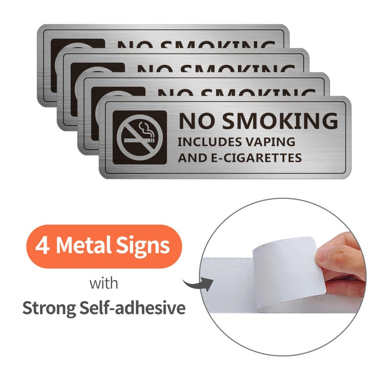 MongFun (4 Pack) No Smoking Signs for Home and Business, Self-adhesive No Vaping Sign, Rust Free Aluminum Warning Signage for Indoor Outdoor Use (7 x 2 inches, Brushed Aluminum) - Image 2