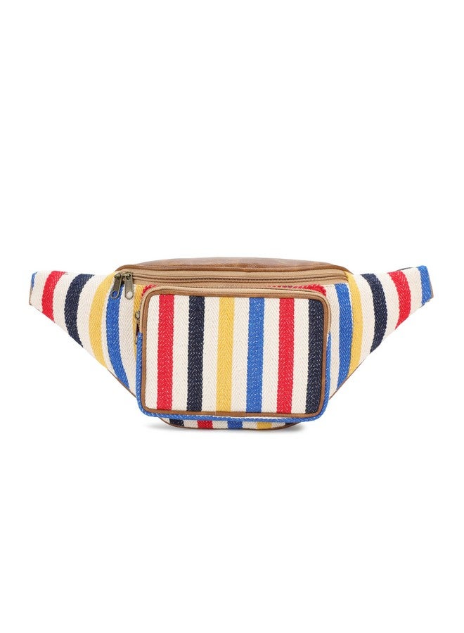 K London Fanny Pack|Multicolour Striped Canvas Waist Bag| PU Leather Adjustable Money Belt| Waist Bag for Men and Women | Unisex Money Belt (STRP_P) (11705_Multicolor) - Image 1