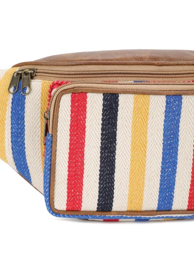 K London Fanny Pack|Multicolour Striped Canvas Waist Bag| PU Leather Adjustable Money Belt| Waist Bag for Men and Women | Unisex Money Belt (STRP_P) (11705_Multicolor) - Image 5