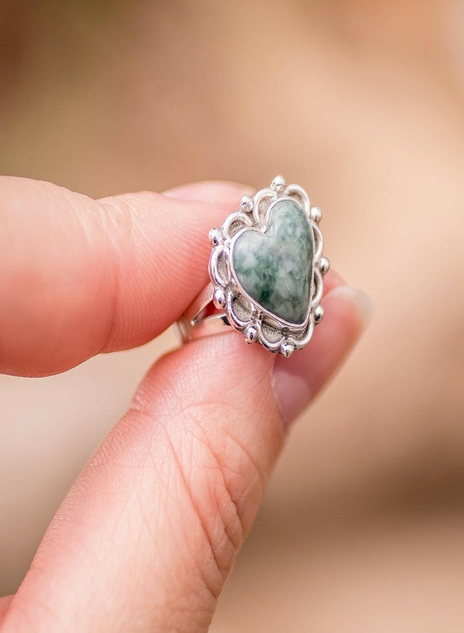 نوفيكا خاتم نوفيكا المصنوع يدويًا من اليشم على شكل قلب، قلوب على فضة إسترليني، كوكتيل أخضر غواتيمالا [إطار التاج 0.6 بوصة طول × 0.6 بوصة عرض × 0.2 بوصة ارتفاع، عرض السوار 3 مم] 'حب زهرة الزينيا' - Image 3