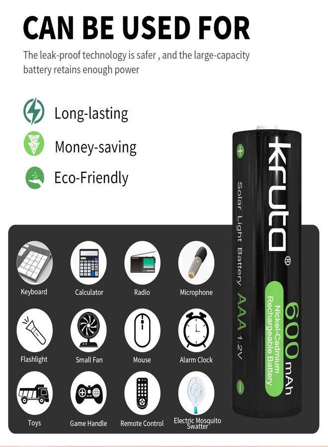 Kruta 20-Pack Rechargeable AAA Batteries, 1.2v 600mAh NiMH Precharged Triple A Solar Batteries for Outdoor Solar Lights and Household Devices, Low-self Discharge, Anti-Leak (Pack 20) - Image 2