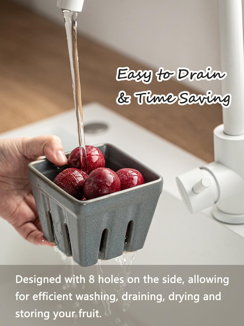 Gomakren Fruit Basket Set of 2, Square Fruit Bowls with Holes, Ceramic Berry Basket Storage Containers for Kitchen Fridge, Cute Strawberry Basket for Berries, Grape, Cherry, Slate Blue - Image 4