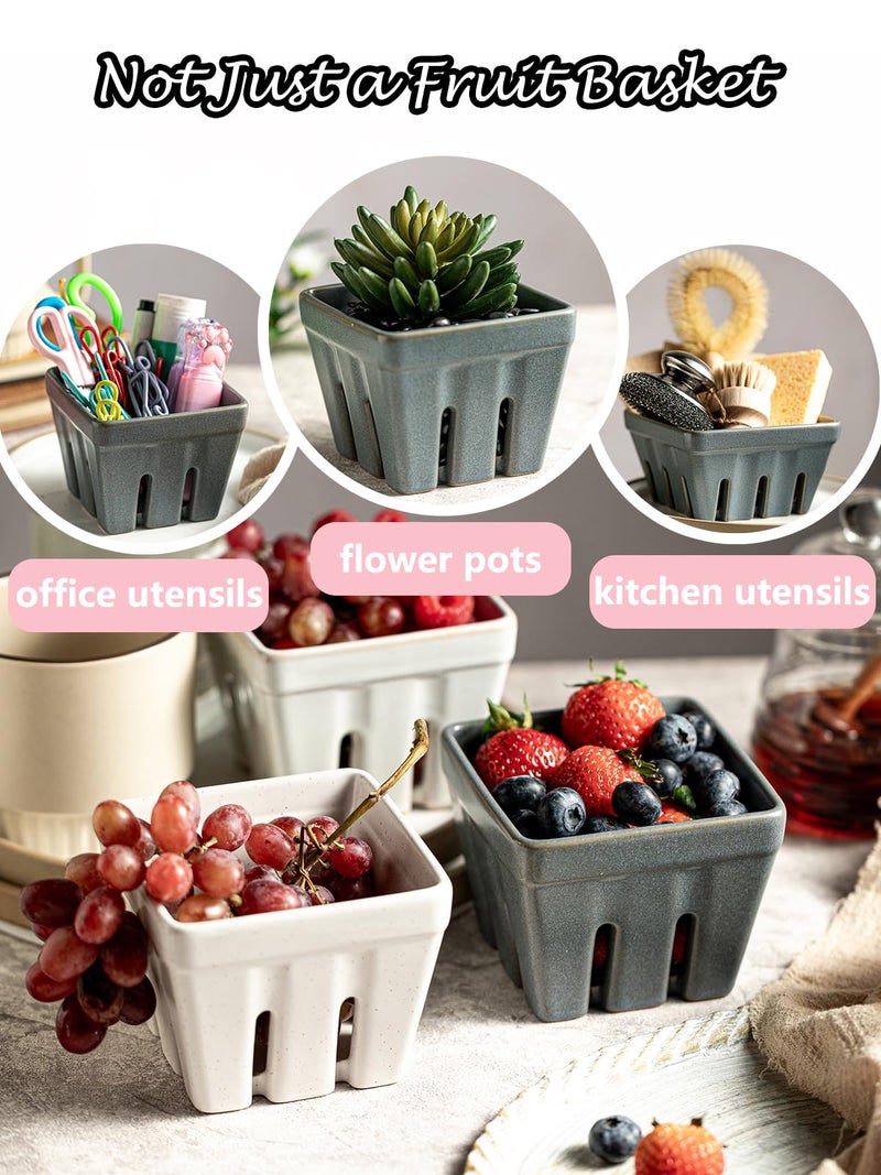 Gomakren Fruit Basket Set of 2, Square Fruit Bowls with Holes, Ceramic Berry Basket Storage Containers for Kitchen Fridge, Cute Strawberry Basket for Berries, Grape, Cherry, Slate Blue - Image 5