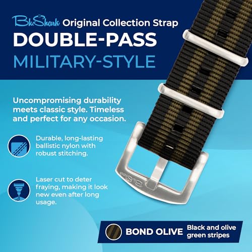 BluShark - Original Collection Military-Style Waterproof Watch Strap, Fits All Timepiece Brands, Durable Nylon Wristwatch Accessories with Stainless Steel Buckle, Bond Olive, 22mm - Image 2