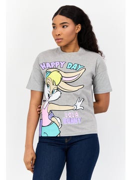 Looney Tunes Women Crew Neck Short Sleeve Graphic Print T-Shirt, Grey  - Image 1
