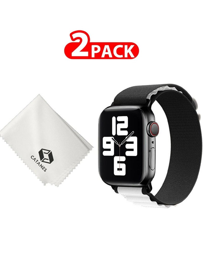 CATANES - 2 Packs Of Apple Watch Band and Microfiber Cloth Alpine Loop Band 38mm 40mm 41mm Women Men Adjustable with Metal G-Hook Strap for iWatch Series 7/SE/6/5/4/3/2/1 Black White - Image 1
