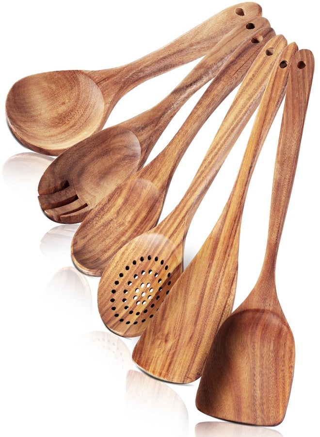 FunCee 6 Pack Wooden Spoons For cooking - Heat-Resistant Premium Teak Wood Spatula with Comfort Grip, Lightweight Kitchen Cooking Utensils set, wood Spoon utensil Set Perfect for Non-Stick Cookware - Image 1