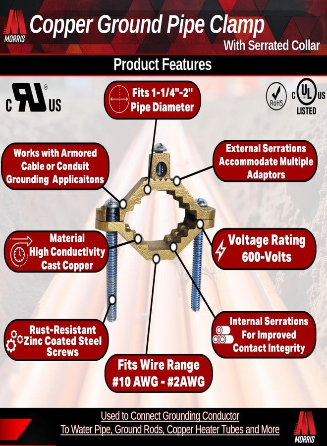 Morris Products 91662 Ground Pipe Clamp, With Adaptor Serrations, 2-10 Wire Range, 1-1/4" - 2" Water Pipe Range - Image 3