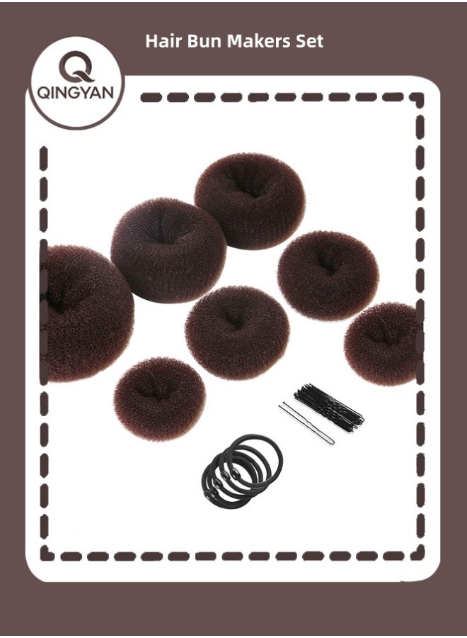 QINGYAN 7 Hair Bun Makers Set, Brown Buns Shaper Hair Styling Accessories Kit with 5 Bands and 20 Bun Pins, Donut Ring Style Chignon Bun Maker,  (2 Small 2 Medium 2 Large 1 Extra-Large) - Image 1