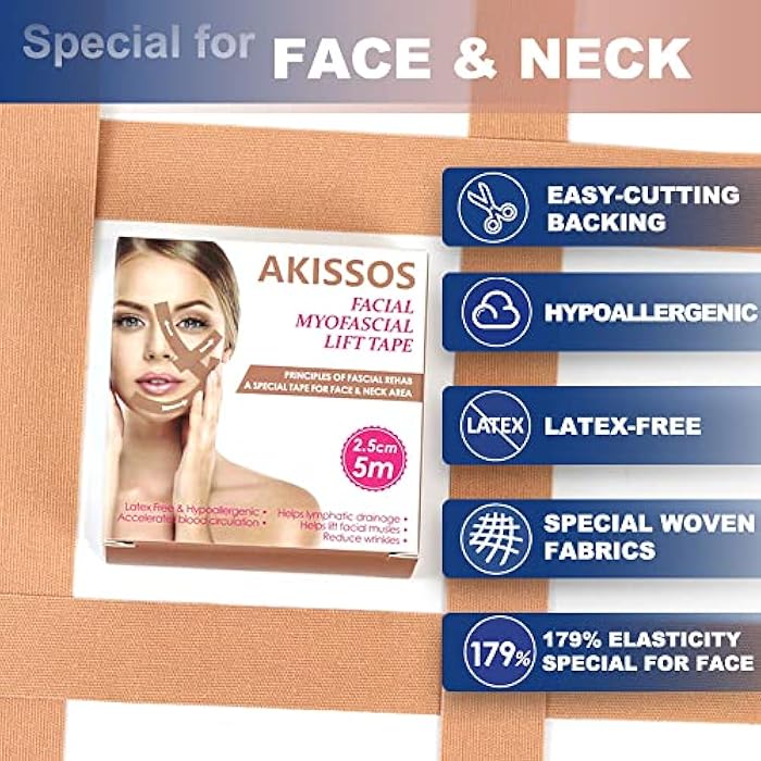 Akissos Myofascial Face Tightening Tape, Face Tightening Tape, Anti-Wrinkle Patches, Anti Frost Sticker, Neck Lift Band, Unisex, for Firming and Tightening Skin, 1 inch, 5 m - Image 4