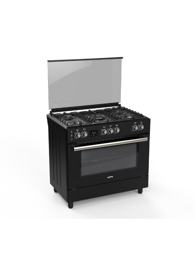 CM 90GGBFS 90cm Gas Cooker – 5 Burners, 120L Oven Capacity, Full Ignition, Digital Timer & Full Glass Lid Cover – Black Finish - Image 1