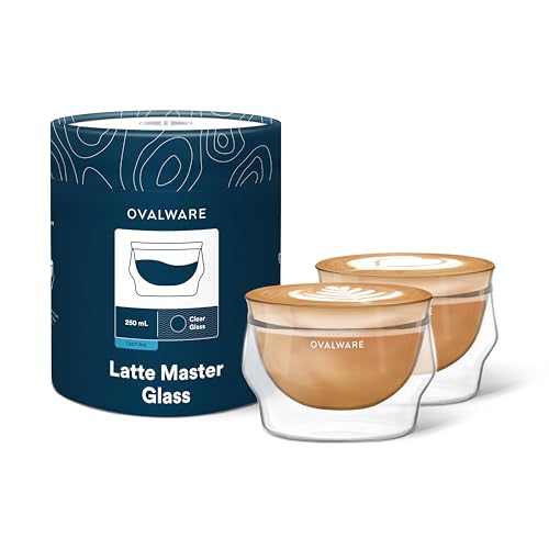 ovalware 8.5oz Double Wall Latte Cups, Latte Set of 2 - Double Wall Glasses for Cold & Hot Drink, Palm-Sized Cups with Wide Rim for Latte Art - Clear Design - Image 1