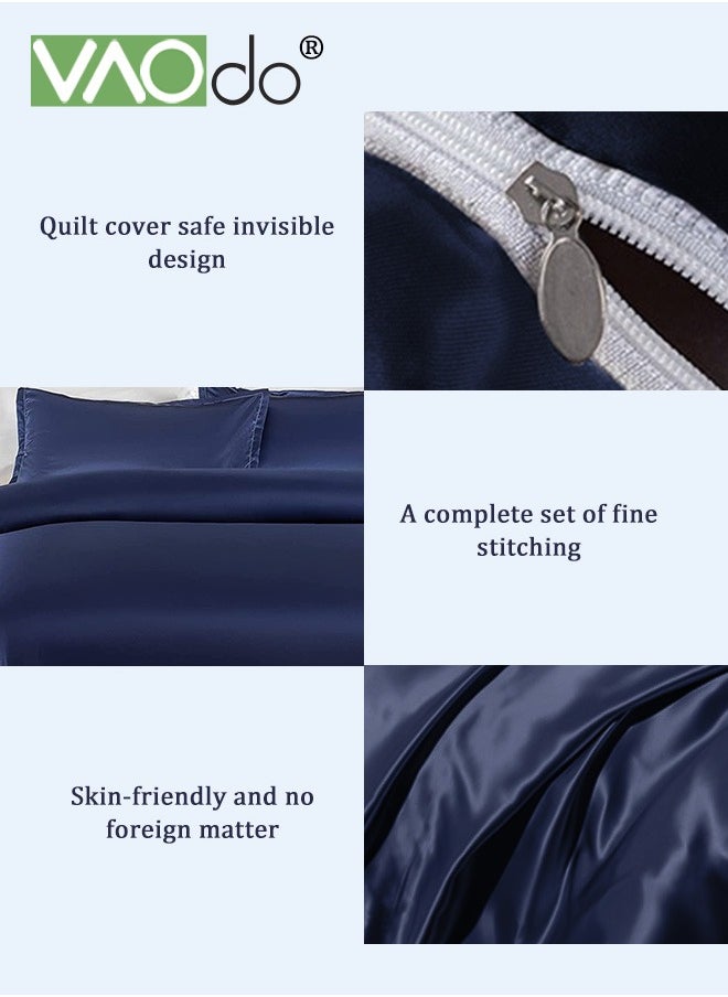VAOdo 4PCS Silk Bedding Set King Size Comforter Set Warm in Winter and Cool in Summer Skin-Friendly Solid Color Breathable Duvet Cover Set 2.0M Bed 200*230CM Dark Blue  - Image 5