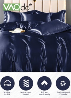 VAOdo 4PCS Silk Bedding Set King Size Comforter Set Warm in Winter and Cool in Summer Skin-Friendly Solid Color Breathable Duvet Cover Set 2.0M Bed 200*230CM Dark Blue  - Image 3