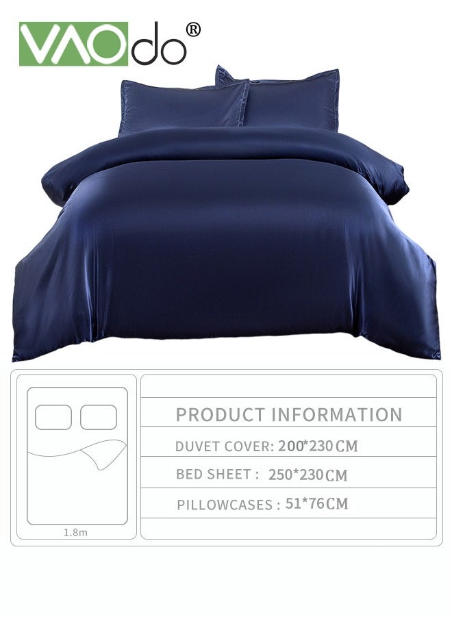 4PCS Silk Bedding Set King Size Comforter Set Warm in Winter and Cool in Summer Skin-Friendly Solid Color Breathable Duvet Cover Set 2.0M Bed 200*230CM Dark Blue