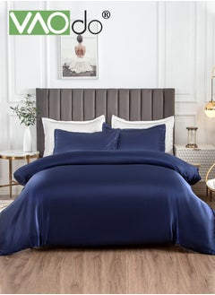 VAOdo 4PCS Silk Bedding Set King Size Comforter Set Warm in Winter and Cool in Summer Skin-Friendly Solid Color Breathable Duvet Cover Set 2.0M Bed 200*230CM Dark Blue  - Image 1