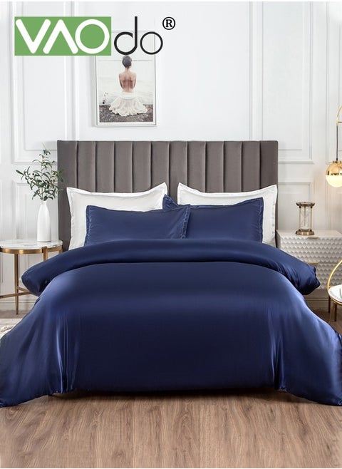 4PCS Silk Bedding Set King Size Comforter Set Warm in Winter and Cool in Summer Skin-Friendly Solid Color Breathable Duvet Cover Set 2.0M Bed 200*230CM Dark Blue