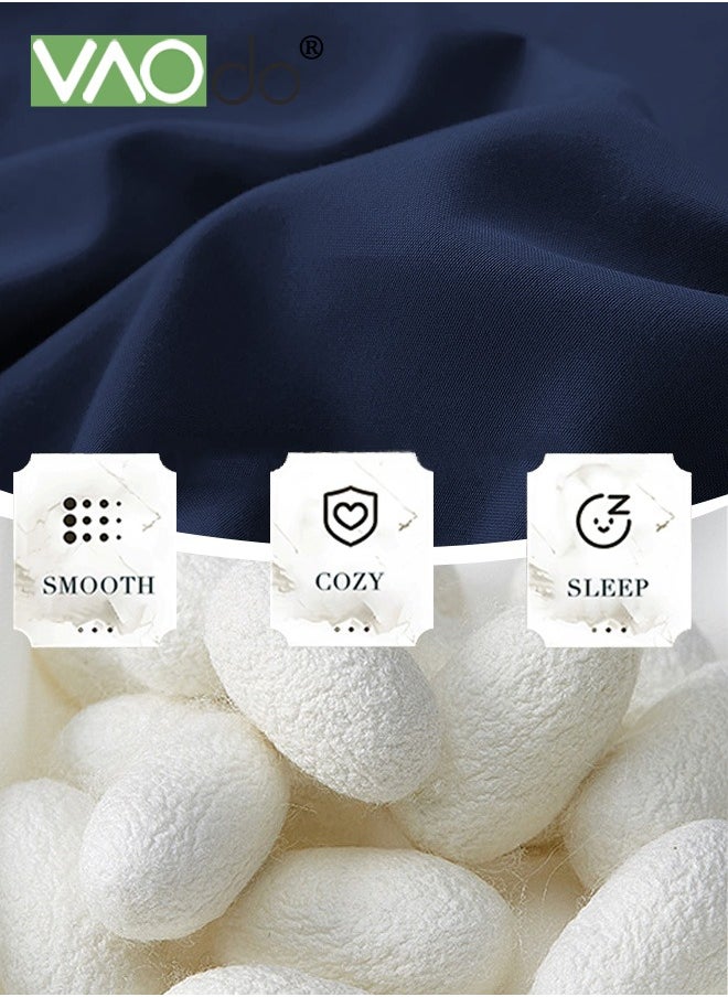 VAOdo 4PCS Silk Bedding Set King Size Comforter Set Warm in Winter and Cool in Summer Skin-Friendly Solid Color Breathable Duvet Cover Set 2.0M Bed 200*230CM Dark Blue  - Image 4