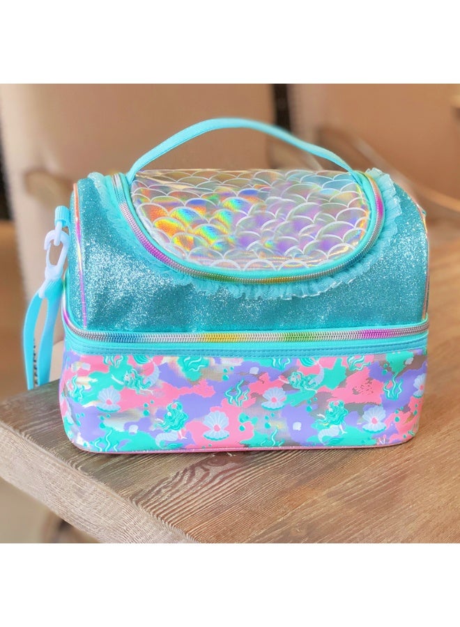 VEST Teal Mermaid Scale Double Layer Kids Lunch Bag Portable Insulated Waterproof Bento Lunch Bag Kids Lunch Bag 17cm×26.5cm×17.5cm - Image 1