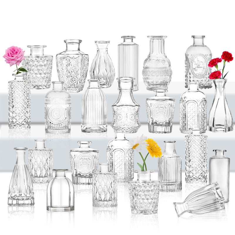 Glass Bud Vase Set 24 Small Flower Vases for Wedding Centerpiece Table Decorations Clear Vintage Embossed Mini Flower Arrangements in for Party or Home Room Decor