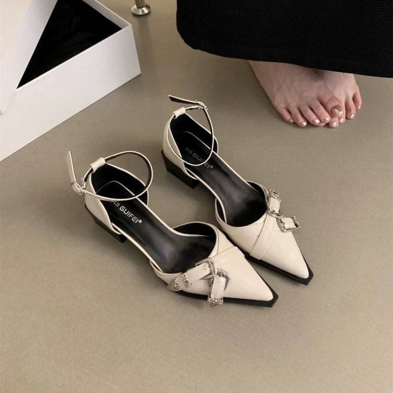 French Pointed Shallow Mouth Pumps Low Heel With Skirt Temperament Single-Layer Shoes Gentle Niche All-Match - Image 1