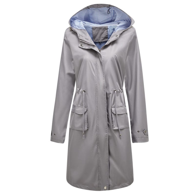 Homgro Womens Rain Jacket Long Raincoat Hooded Ladies Fashion Casual Full Zip Waterproof Anorak Spring Fall Jackets Knee Length Windbreaker Pockets Pockets Grey 3XLarge